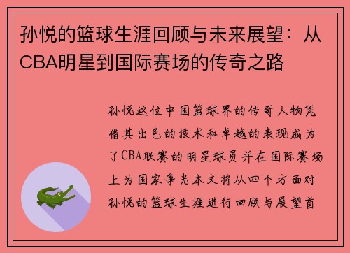 孙悦的篮球生涯回顾与未来展望：从CBA明星到国际赛场的传奇之路